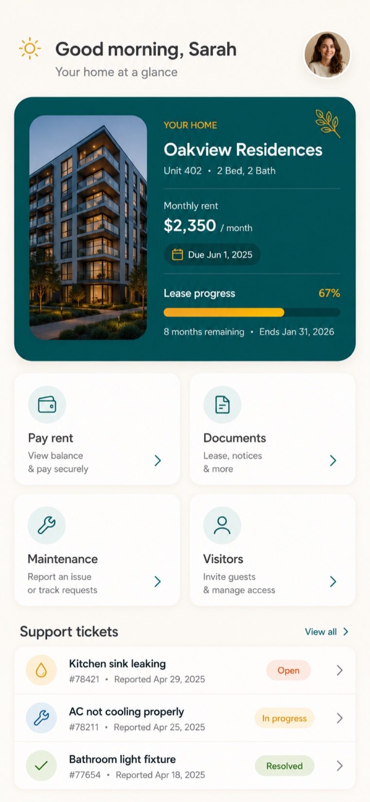 The tenant app showing support tickets